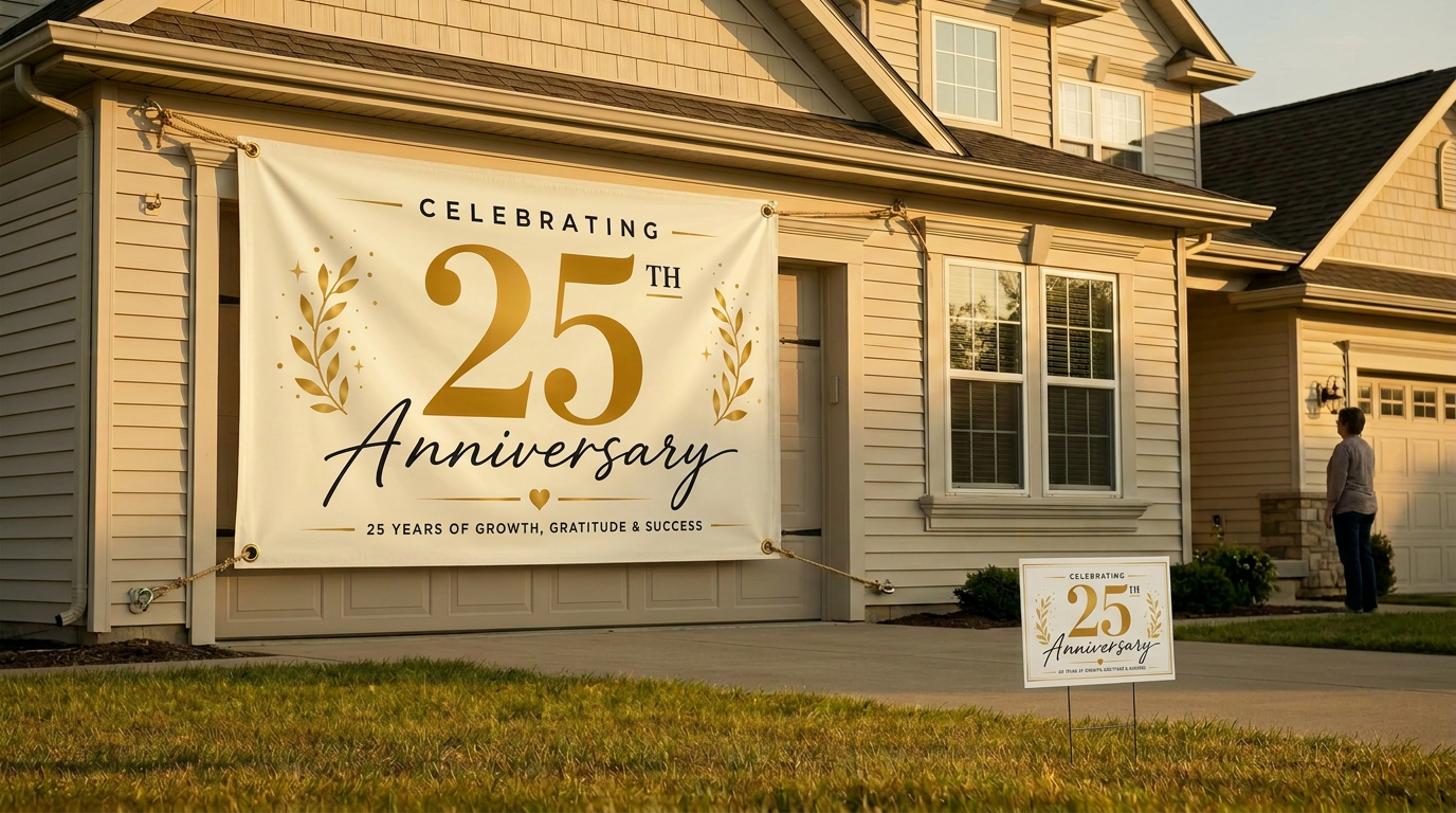 Large outdoor vinyl anniversary banner displayed on a house