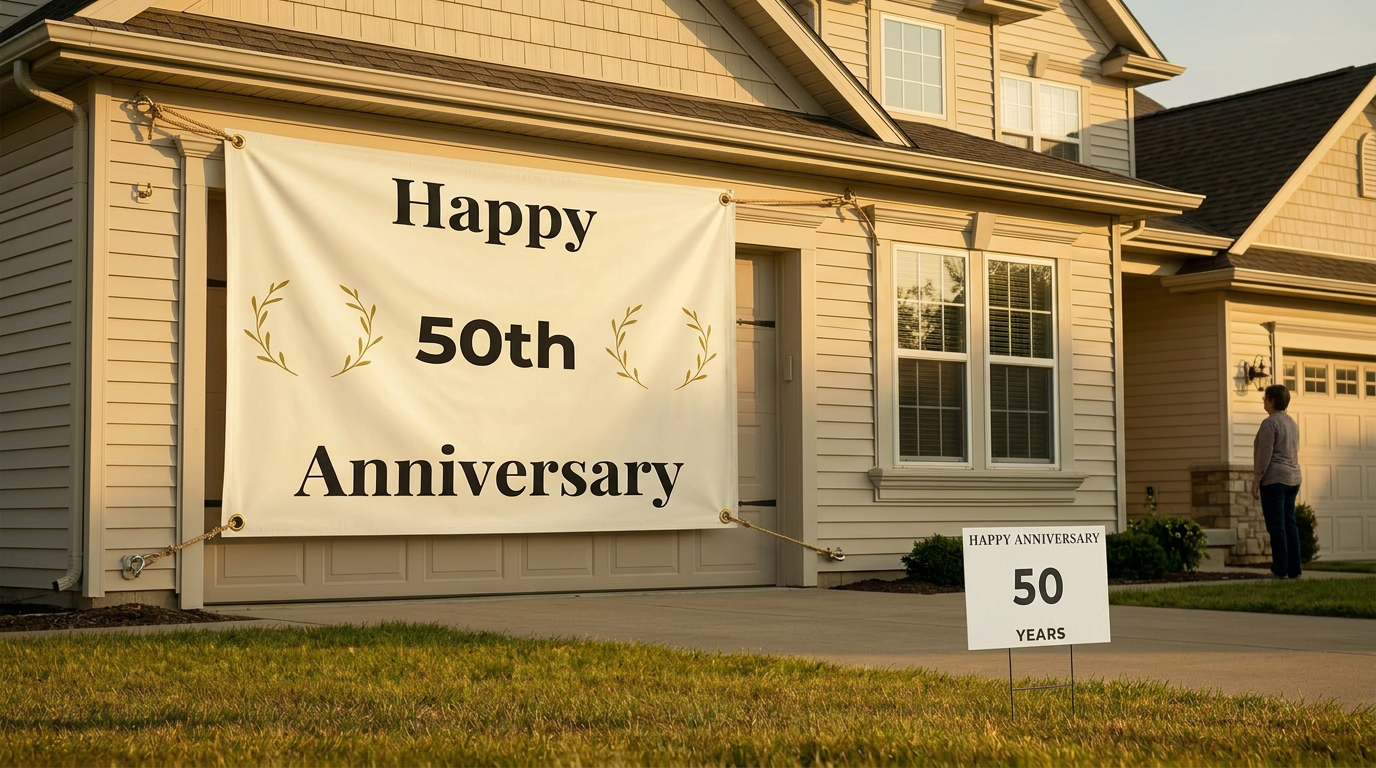 Large outdoor vinyl anniversary banner displayed on a house